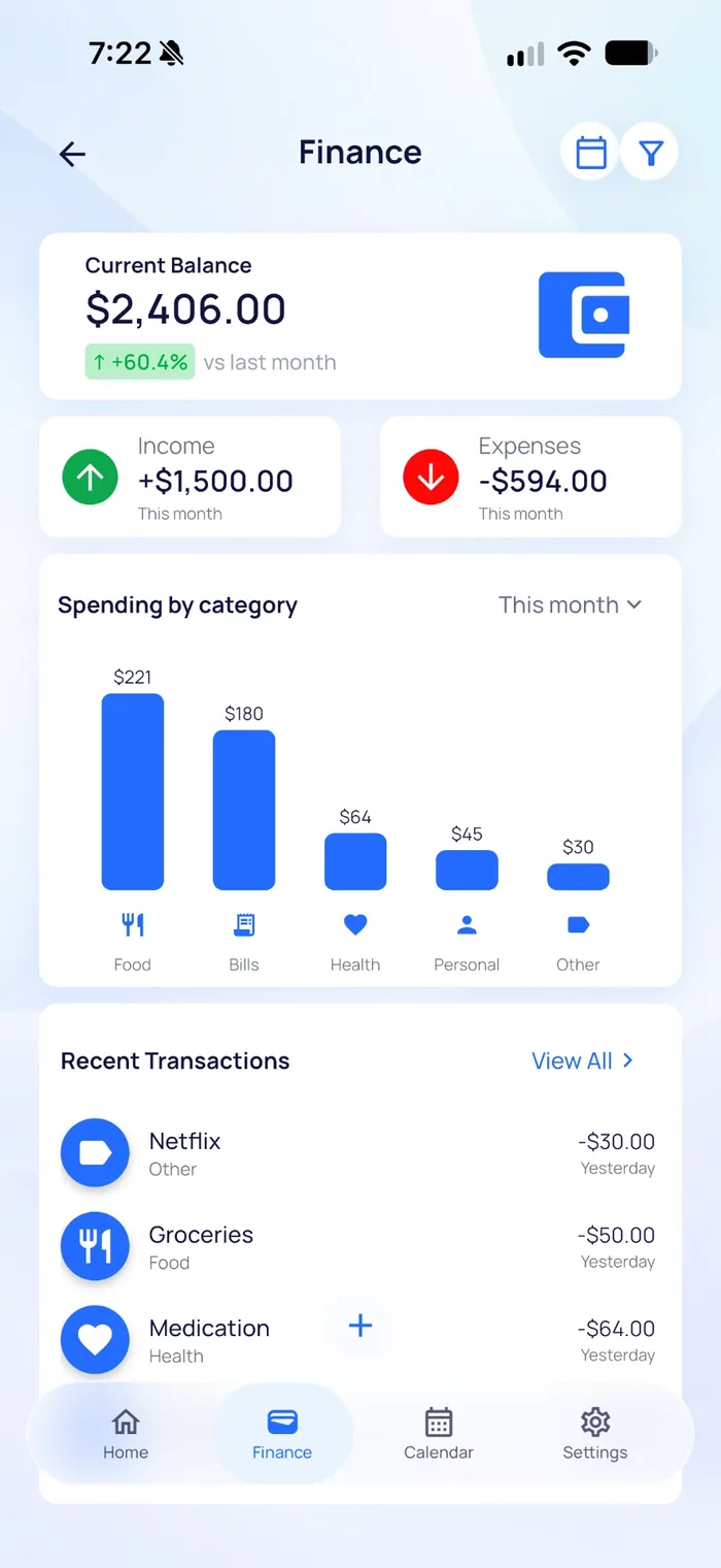 Zunova finance overview screen